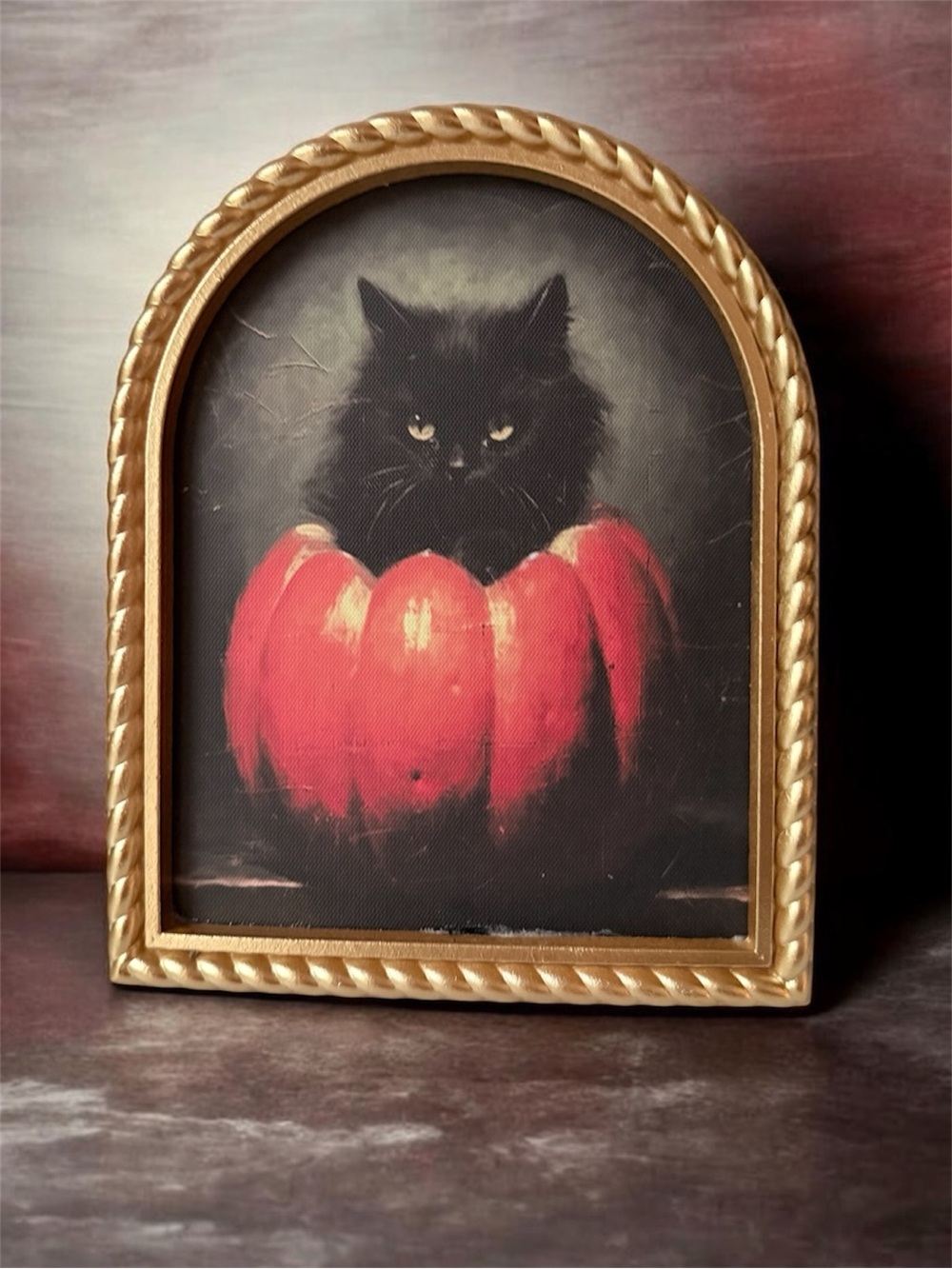 Gold Frame Black Cat in Red Pumpkin Wall Accent framed art print